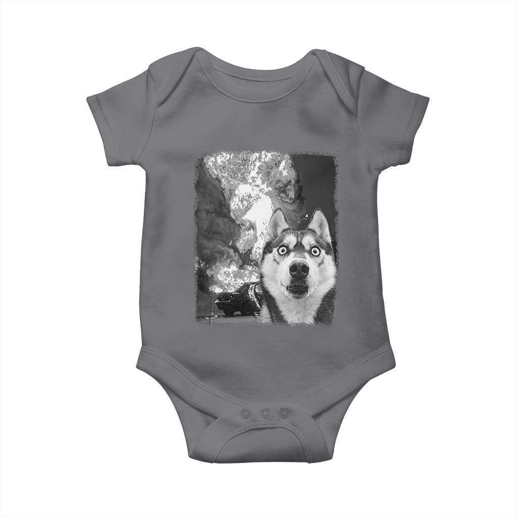Funny Husky Chaos Baby Onesie Cool Dog Selfie With Burning Car TS12 Charcoal Print Your Wear