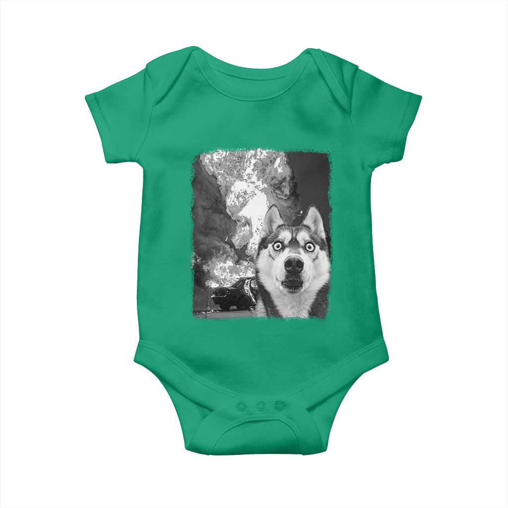 Funny Husky Chaos Baby Onesie Cool Dog Selfie With Burning Car TS12 Irish Green Print Your Wear