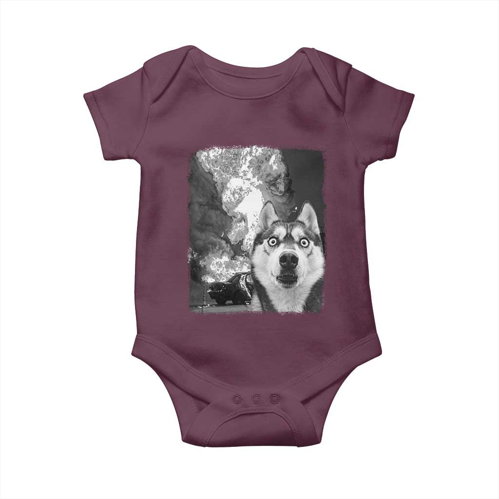 Funny Husky Chaos Baby Onesie Cool Dog Selfie With Burning Car TS12 Maroon Print Your Wear