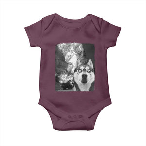Funny Husky Chaos Baby Onesie Cool Dog Selfie With Burning Car TS12 Maroon Print Your Wear