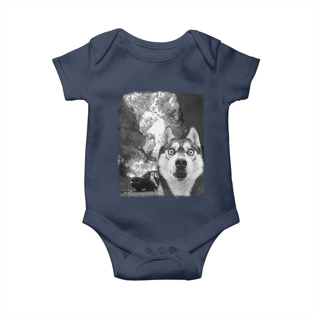 Funny Husky Chaos Baby Onesie Cool Dog Selfie With Burning Car TS12 Navy Print Your Wear