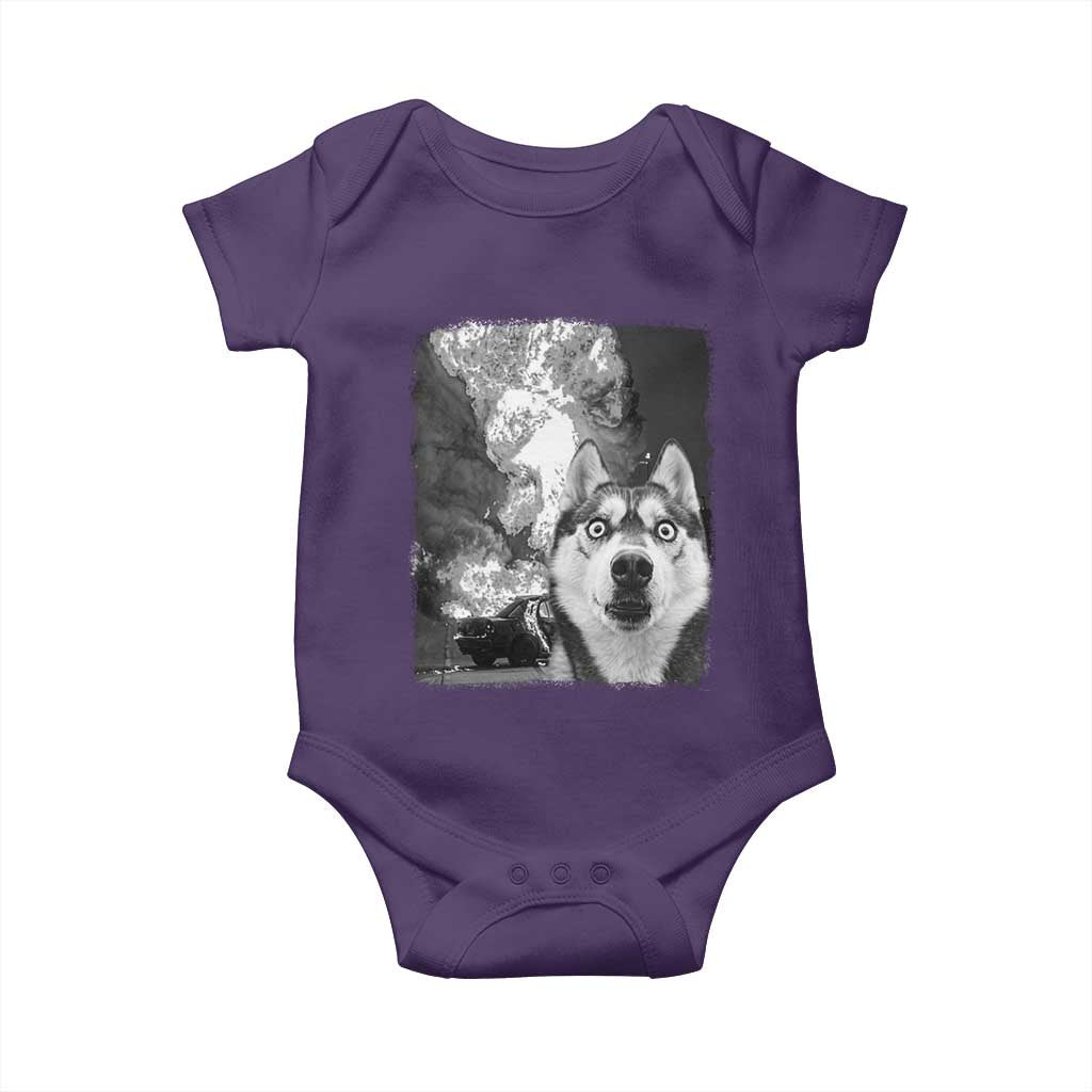 Funny Husky Chaos Baby Onesie Cool Dog Selfie With Burning Car TS12 Purple Print Your Wear