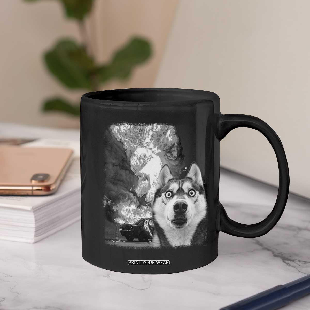 Funny Husky Chaos Coffee Mug Cool Dog Selfie With Burning Car TS12 Print Your Wear