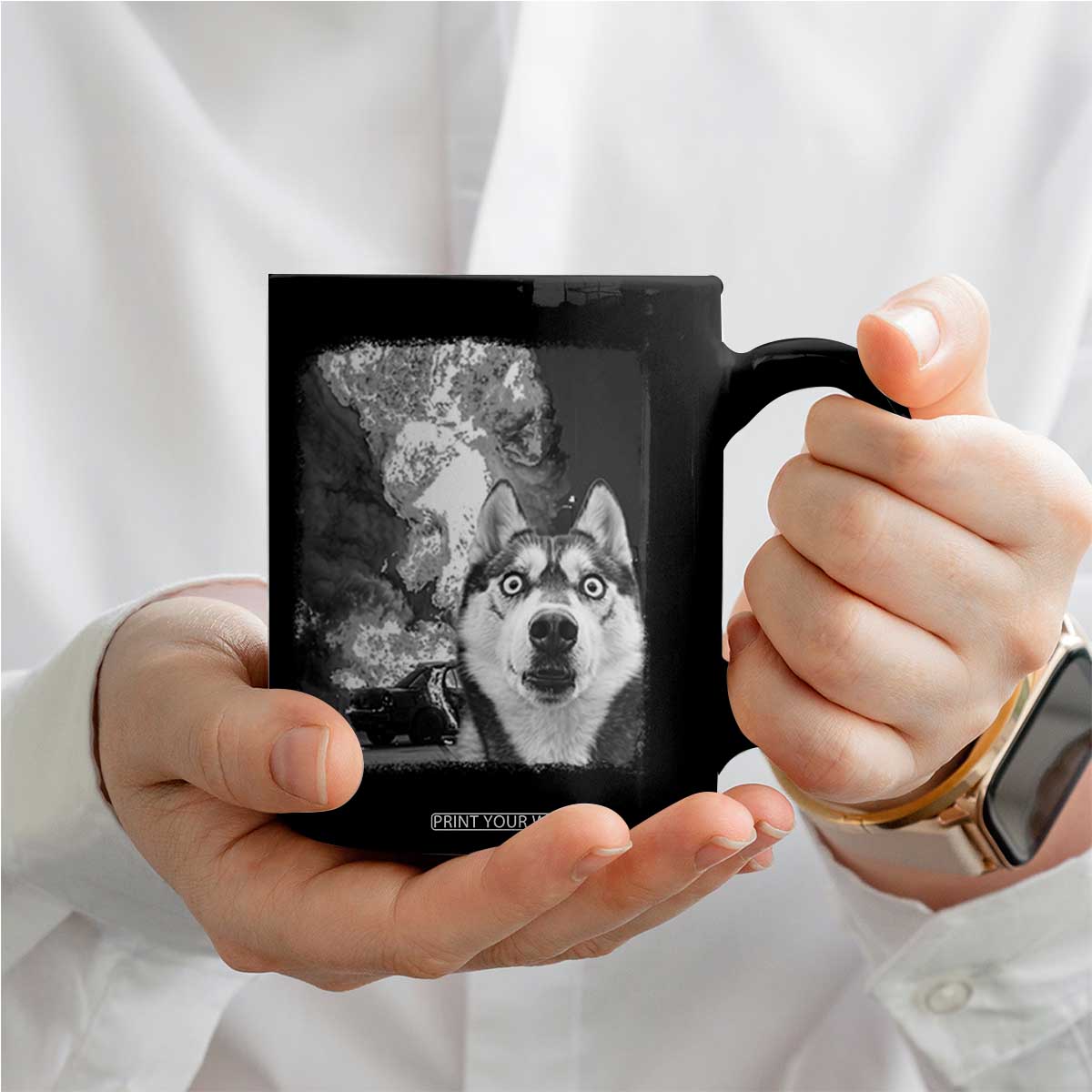 Funny Husky Chaos Coffee Mug Cool Dog Selfie With Burning Car TS12 Print Your Wear