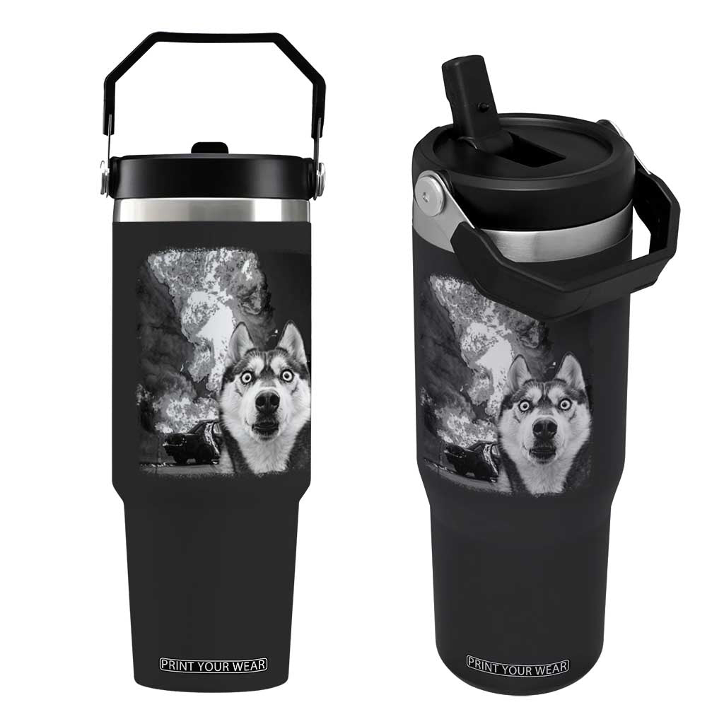 Funny Husky Chaos Flip Straw Tumbler Cool Dog Selfie With Burning Car TS12 One Size: 30 oz Black Print Your Wear