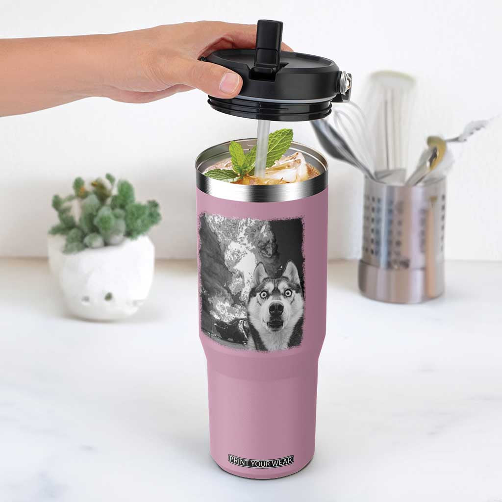 Funny Husky Chaos Flip Straw Tumbler Cool Dog Selfie With Burning Car TS12 One Size: 30 oz Light Pink Print Your Wear