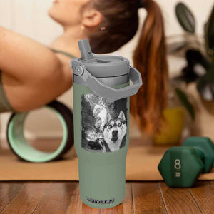 Funny Husky Chaos Flip Straw Tumbler Cool Dog Selfie With Burning Car TS12 One Size: 30 oz Moss Green Print Your Wear