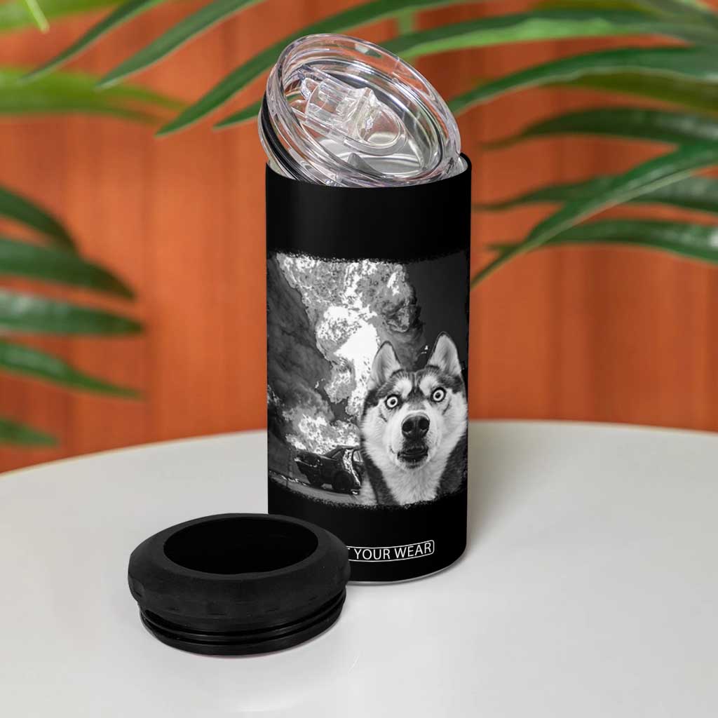 Funny Husky Chaos 4 in 1 Can Cooler Tumbler Cool Dog Selfie With Burning Car TS12 Print Your Wear