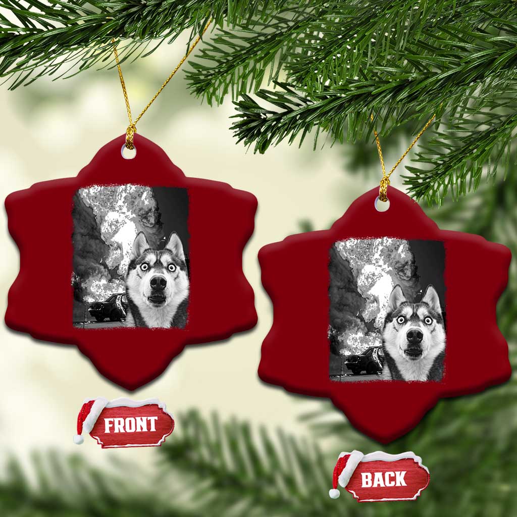 Funny Husky Chaos Ceramic Ornament Cool Dog Selfie With Burning Car TS12 Print Your Wear