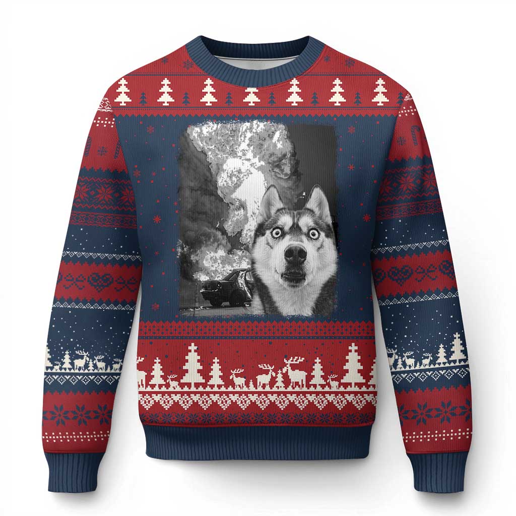 Funny Husky Chaos Ugly Christmas Sweater Cool Dog Selfie With Burning Car TS12 Navy Red Print Your Wear