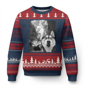 Funny Husky Chaos Ugly Christmas Sweater Cool Dog Selfie With Burning Car TS12 Navy Red Print Your Wear