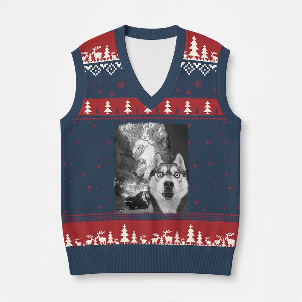 Funny Husky Chaos V-Neck Knit Sweater Vest Cool Dog Selfie With Burning Car TS12 Navy Red Print Your Wear