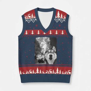 Funny Husky Chaos V-Neck Knit Sweater Vest Cool Dog Selfie With Burning Car TS12 Navy Red Print Your Wear