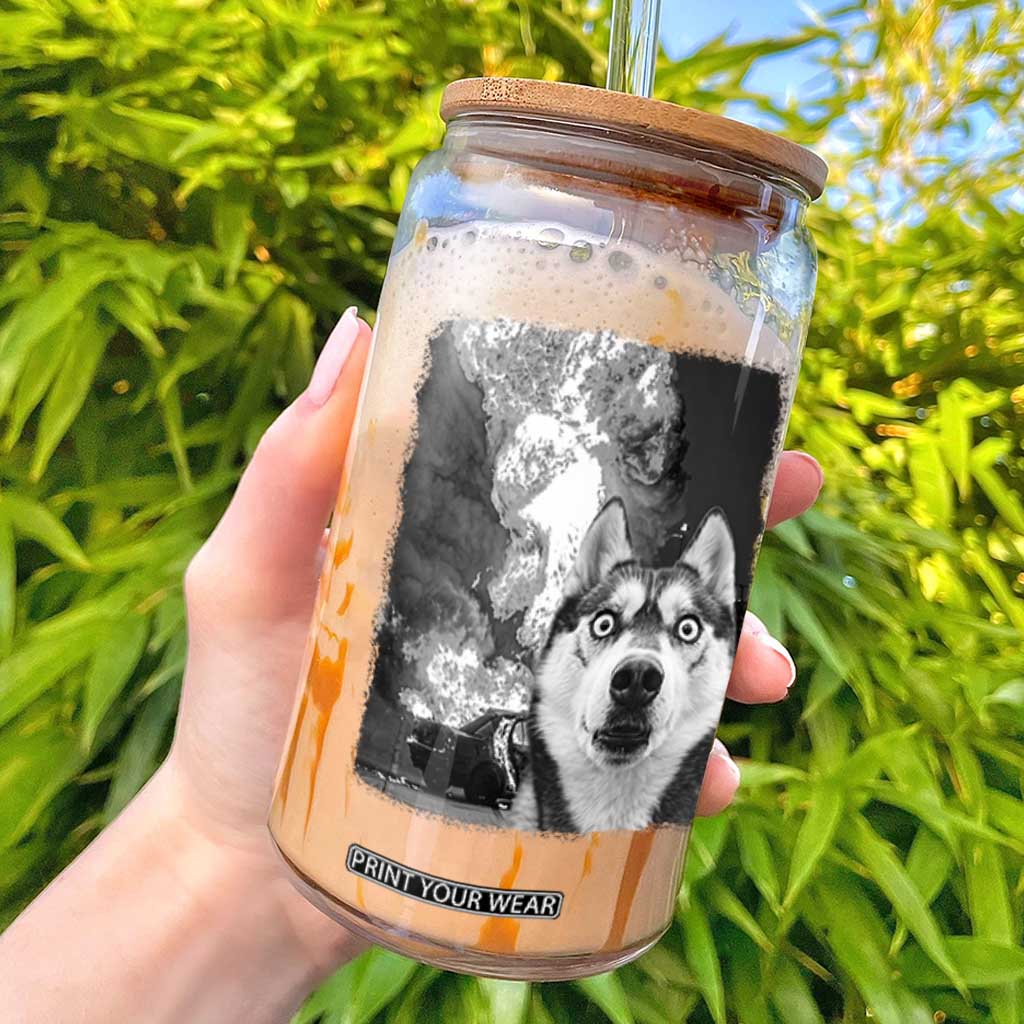 Funny Husky Chaos Glass Can Cool Dog Selfie With Burning Car TS12 Black Print Your Wear