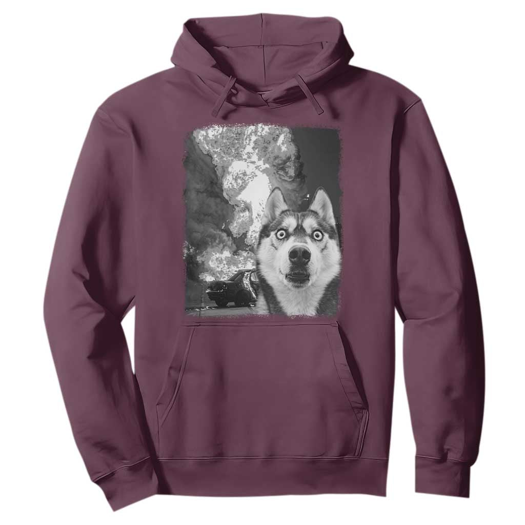 Funny Husky Chaos Hoodie Cool Dog Selfie With Burning Car TS12 Maroon Print Your Wear