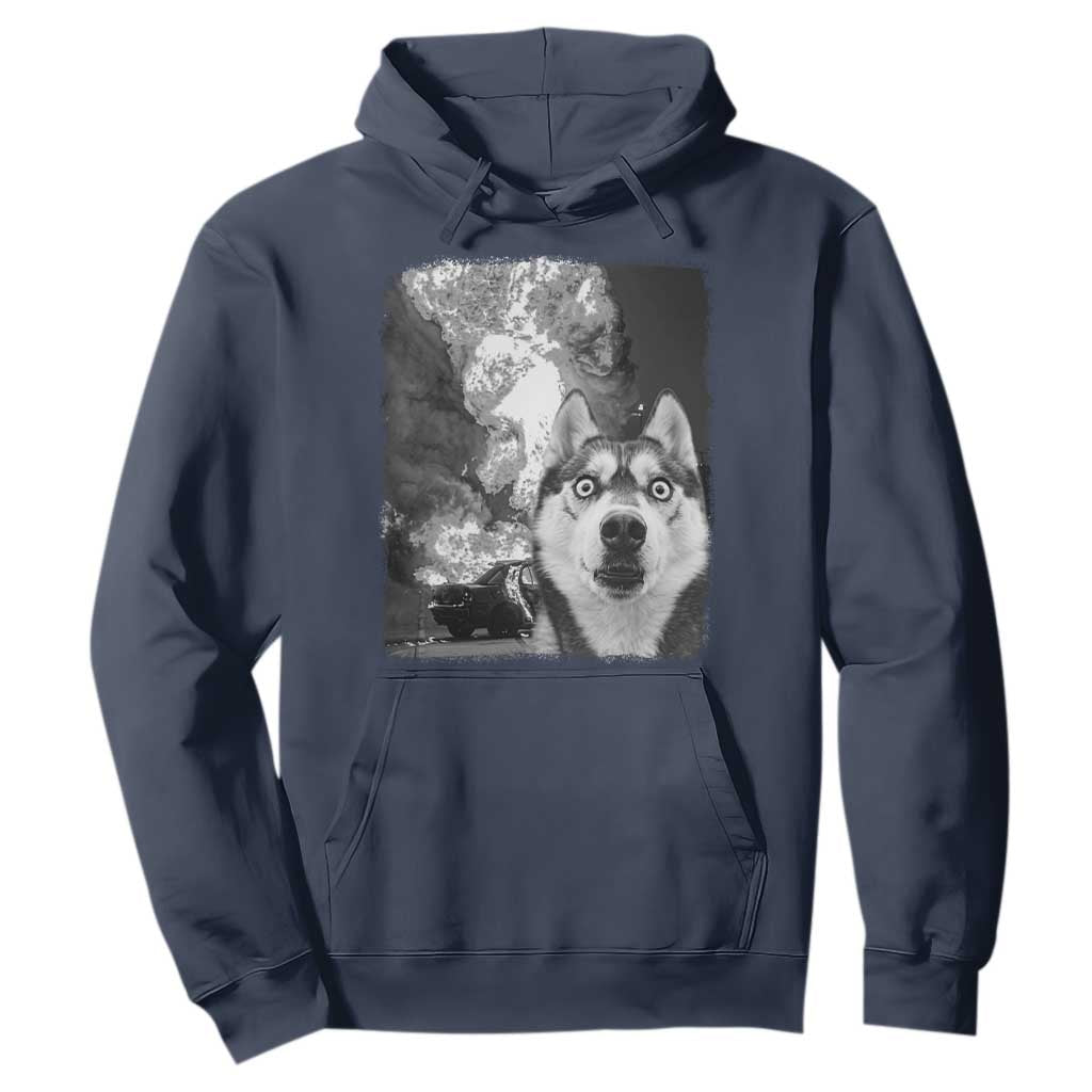 Funny Husky Chaos Hoodie Cool Dog Selfie With Burning Car TS12 Navy Print Your Wear