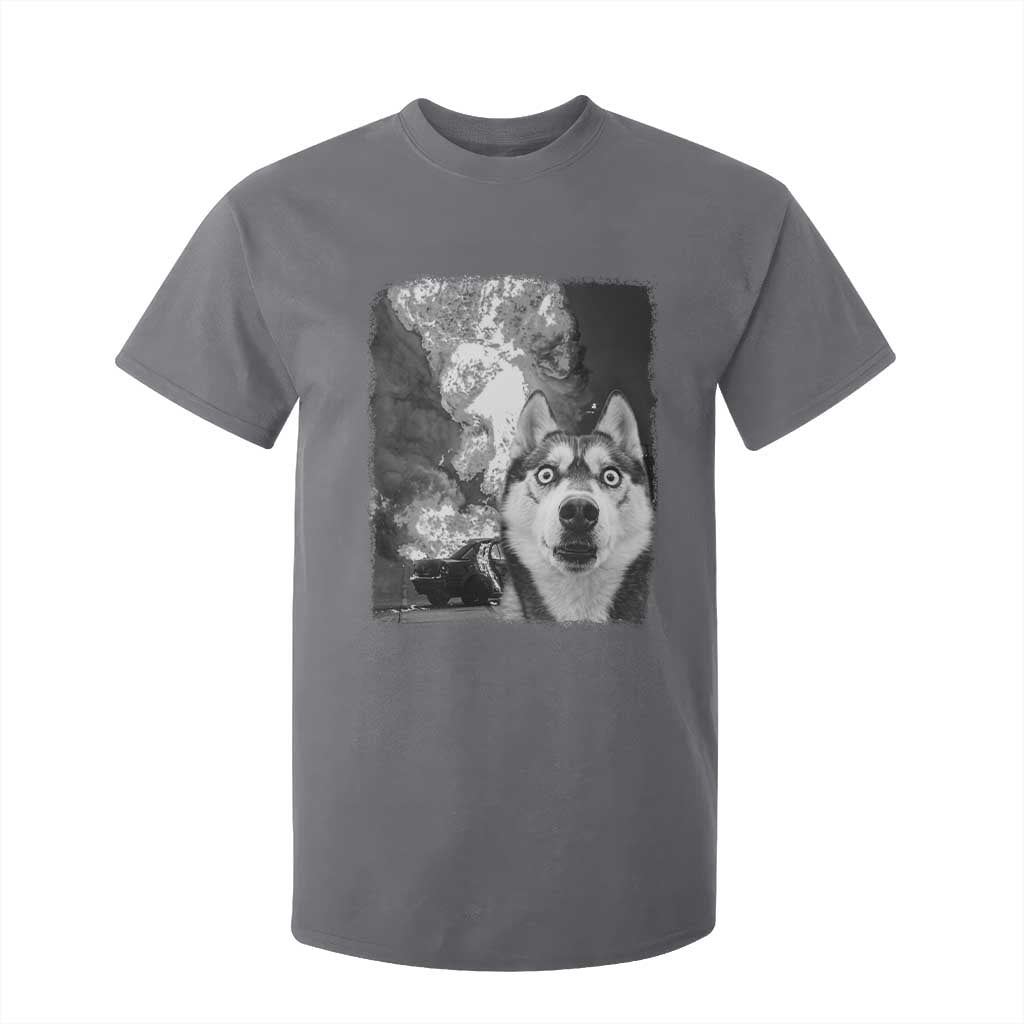 Funny Husky Chaos T Shirt For Kid Cool Dog Selfie With Burning Car TS12 Charcoal Print Your Wear