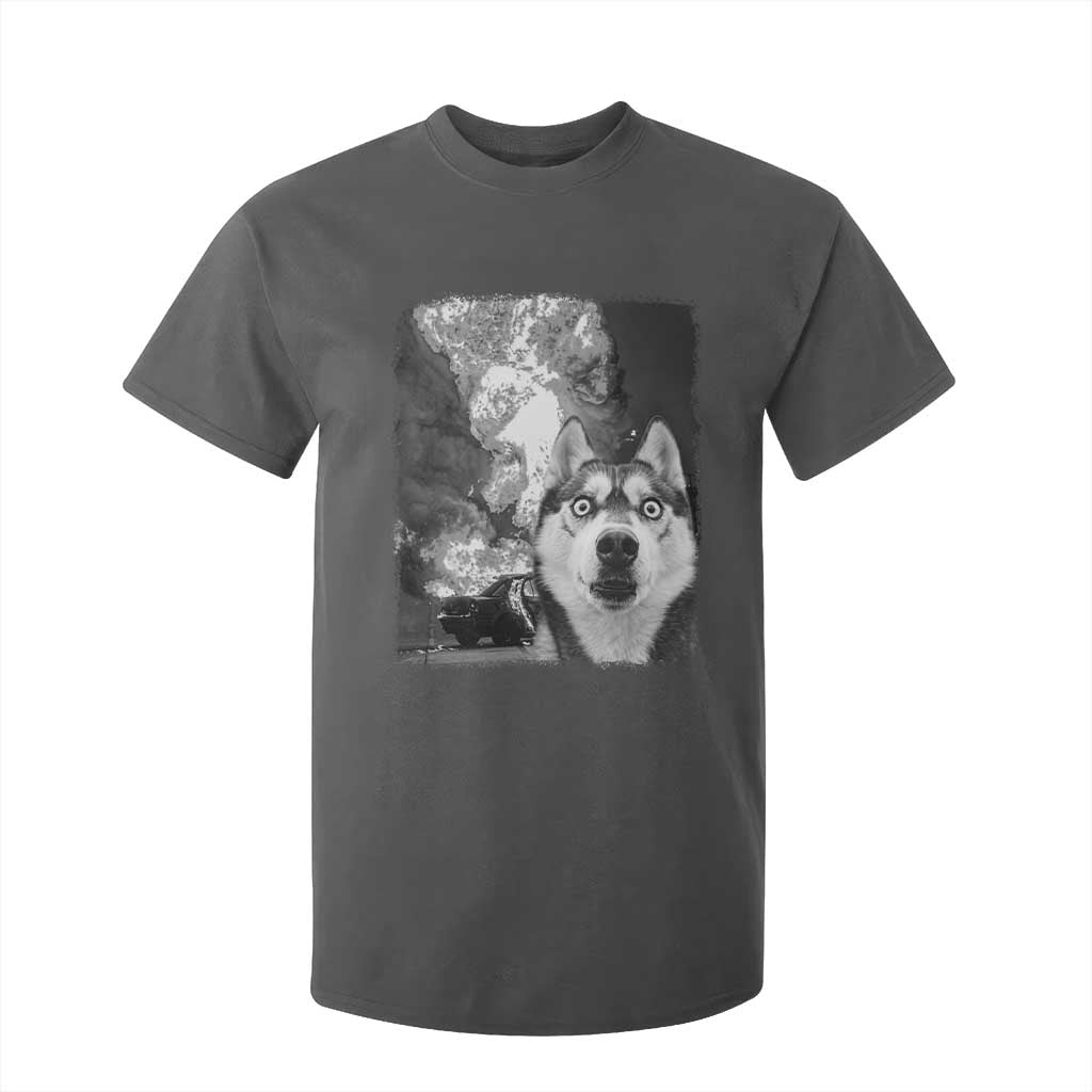 Funny Husky Chaos T Shirt For Kid Cool Dog Selfie With Burning Car TS12 Dark Heather Print Your Wear