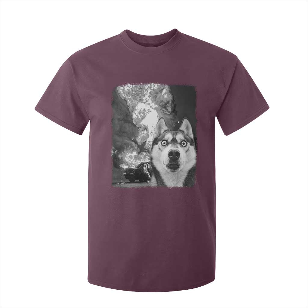 Funny Husky Chaos T Shirt For Kid Cool Dog Selfie With Burning Car TS12 Maroon Print Your Wear