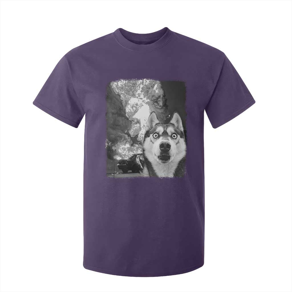 Funny Husky Chaos T Shirt For Kid Cool Dog Selfie With Burning Car TS12 Purple Print Your Wear