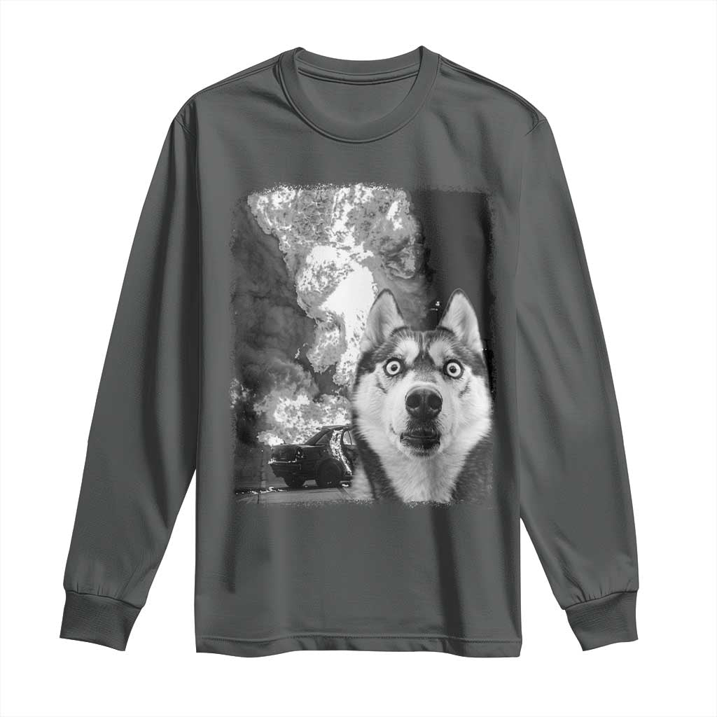 Funny Husky Chaos Long Sleeve Shirt Cool Dog Selfie With Burning Car TS12 Dark Heather Print Your Wear