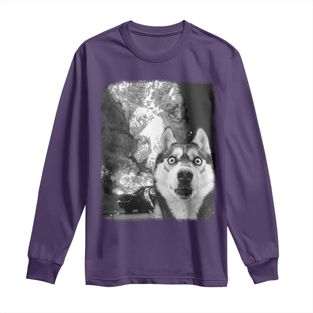 Funny Husky Chaos Long Sleeve Shirt Cool Dog Selfie With Burning Car TS12 Purple Print Your Wear