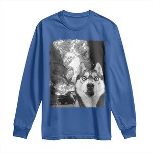 Funny Husky Chaos Long Sleeve Shirt Cool Dog Selfie With Burning Car TS12 Royal Blue Print Your Wear