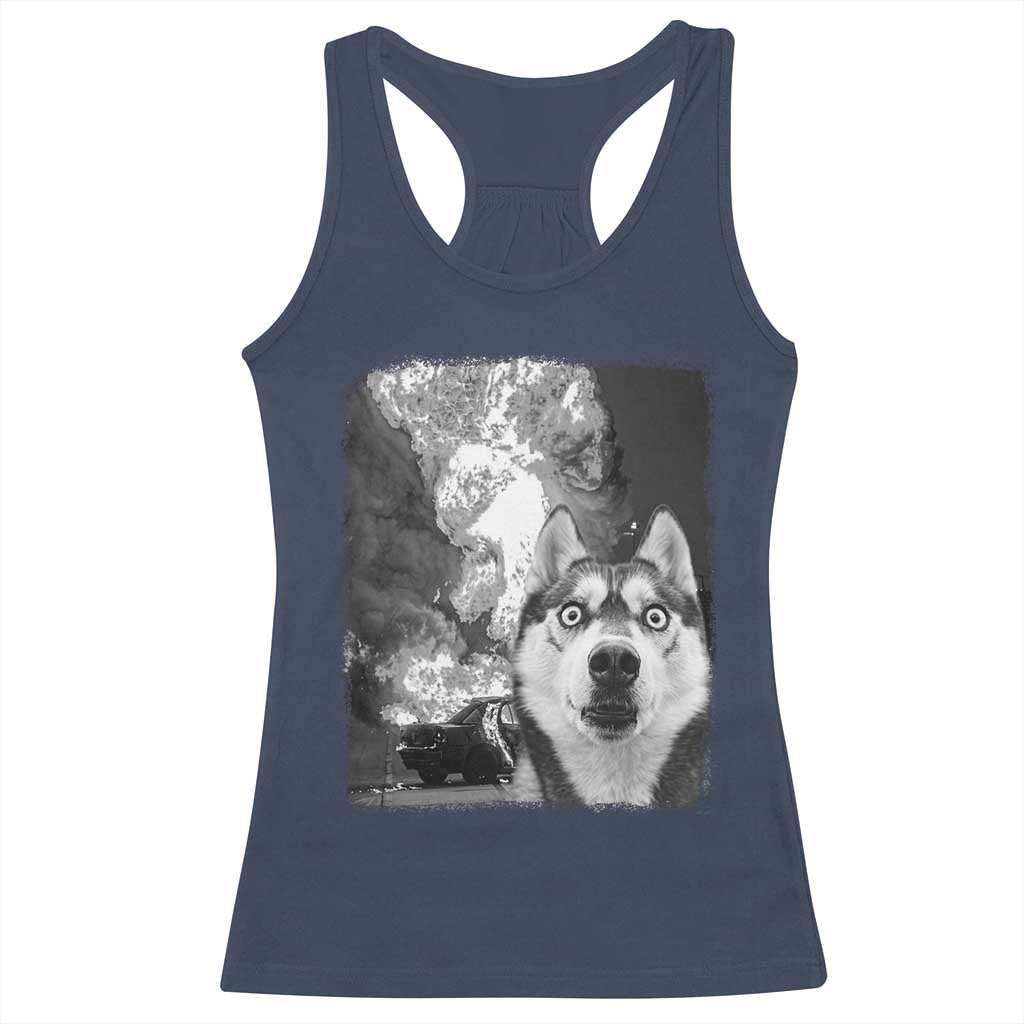 Funny Husky Chaos Racerback Tank Top Cool Dog Selfie With Burning Car TS12 Navy Print Your Wear