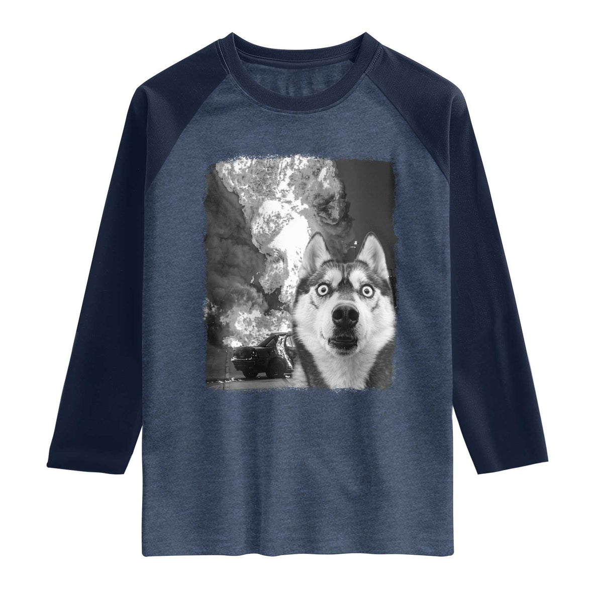 Funny Husky Chaos Raglan Shirt Cool Dog Selfie With Burning Car TS12 Heather Denim Navy Print Your Wear