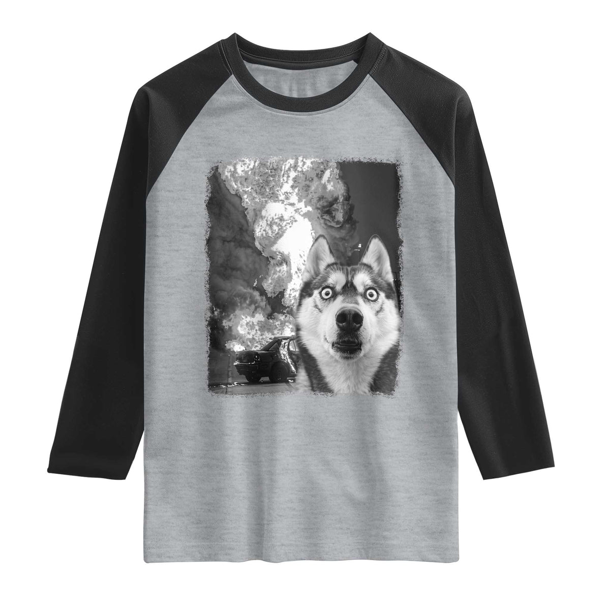Funny Husky Chaos Raglan Shirt Cool Dog Selfie With Burning Car TS12 Heather Gray Black Print Your Wear