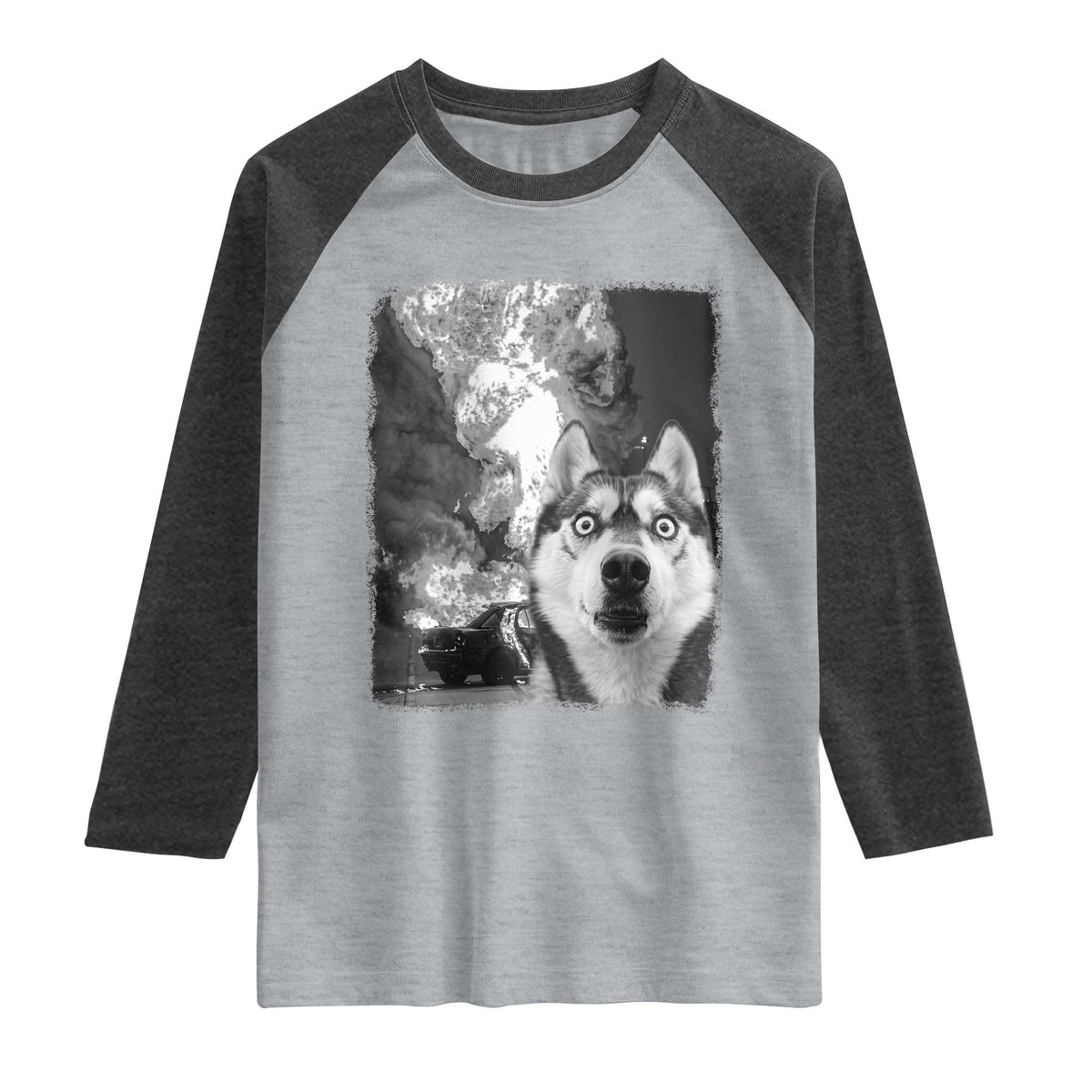 Funny Husky Chaos Raglan Shirt Cool Dog Selfie With Burning Car TS12 Heather Gray Heather Charcoal Print Your Wear
