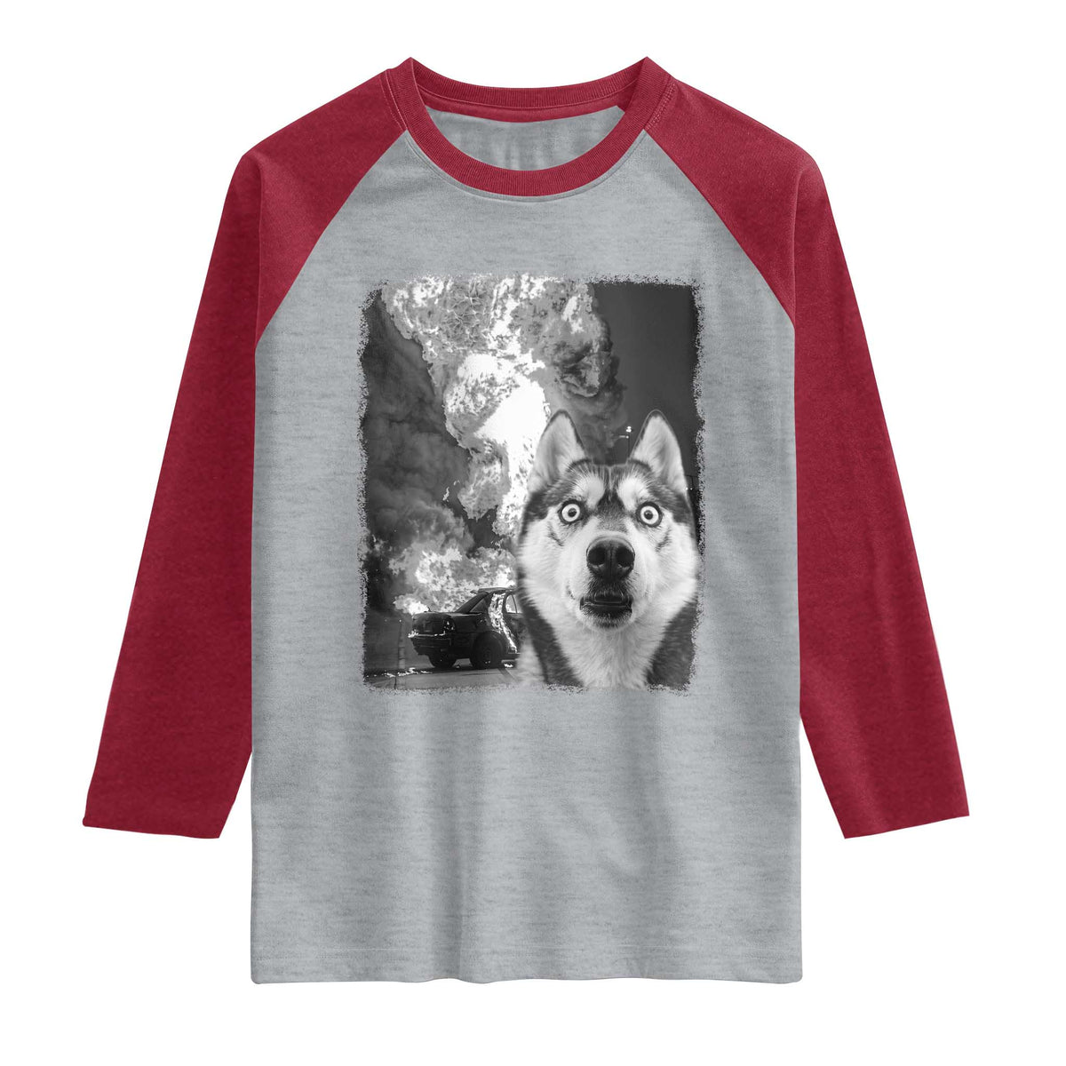 Funny Husky Chaos Raglan Shirt Cool Dog Selfie With Burning Car TS12 Heather Gray Heather Red Print Your Wear