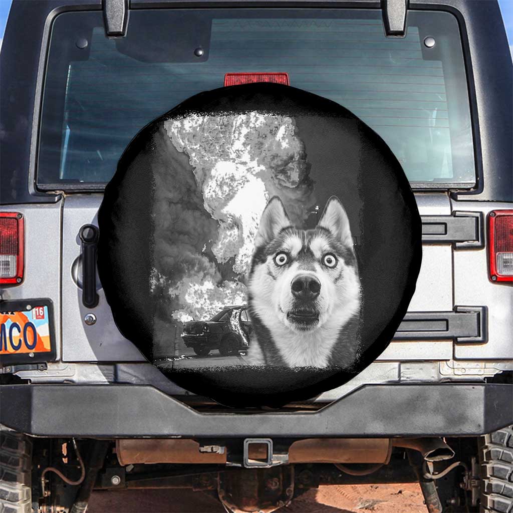 Funny Husky Chaos Spare Tire Cover Cool Dog Selfie With Burning Car TS12 No hole Black Print Your Wear