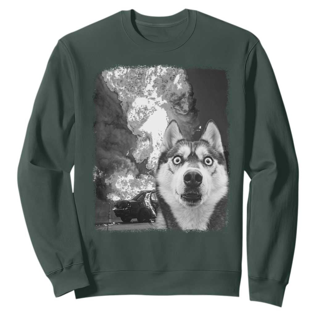Funny Husky Chaos Sweatshirt Cool Dog Selfie With Burning Car TS12 Dark Forest Green Print Your Wear