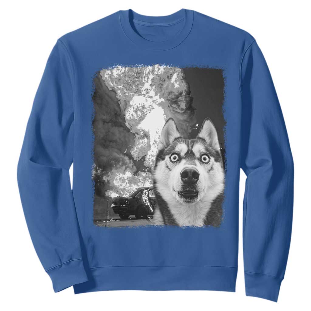 Funny Husky Chaos Sweatshirt Cool Dog Selfie With Burning Car TS12 Royal Blue Print Your Wear