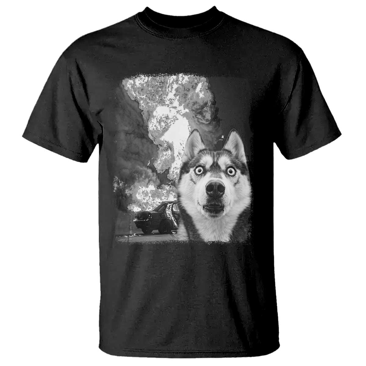 Funny Husky Chaos T Shirt Cool Dog Selfie With Burning Car TS12 Black Print Your Wear