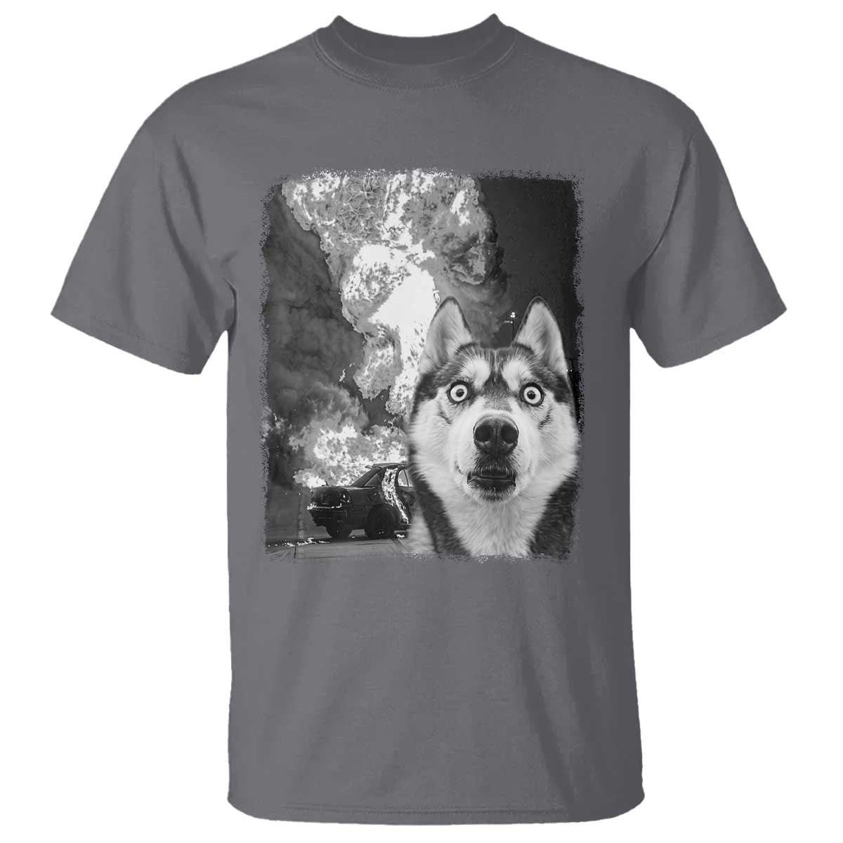 Funny Husky Chaos T Shirt Cool Dog Selfie With Burning Car TS12 Charcoal Print Your Wear