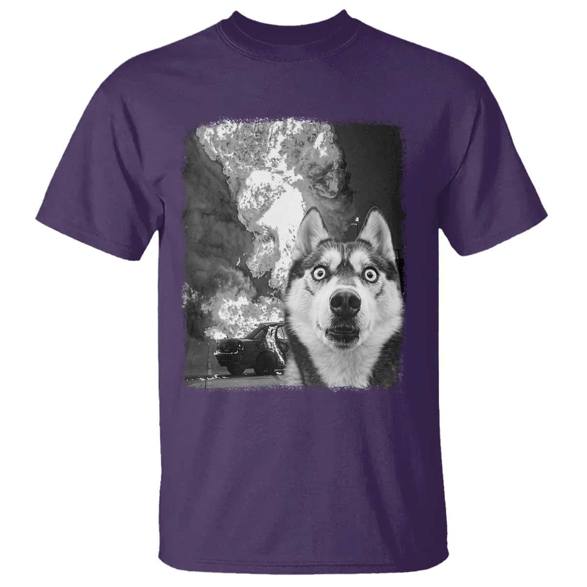 Funny Husky Chaos T Shirt Cool Dog Selfie With Burning Car TS12 Purple Print Your Wear