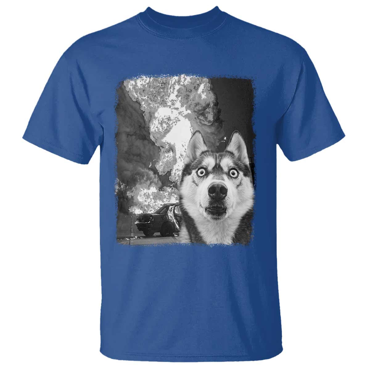 Funny Husky Chaos T Shirt Cool Dog Selfie With Burning Car TS12 Royal Blue Print Your Wear