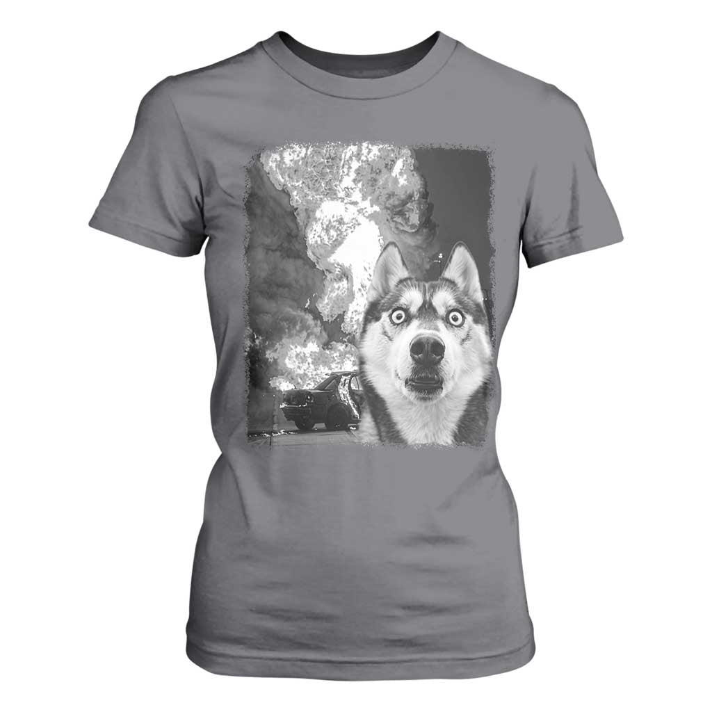Funny Husky Chaos T Shirt For Women Cool Dog Selfie With Burning Car TS12 Charcoal Print Your Wear