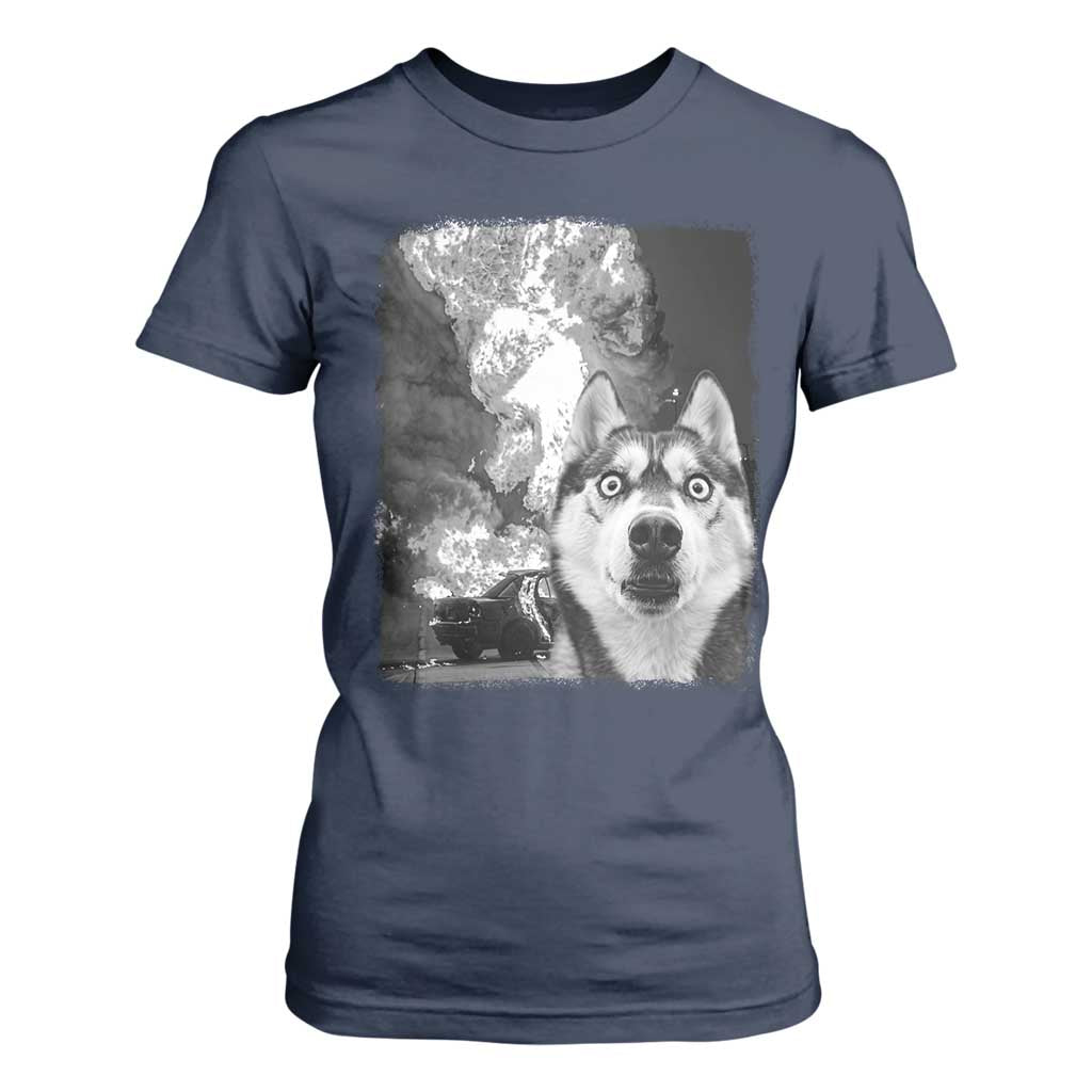 Funny Husky Chaos T Shirt For Women Cool Dog Selfie With Burning Car TS12 Navy Print Your Wear