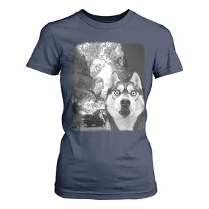 Funny Husky Chaos T Shirt For Women Cool Dog Selfie With Burning Car TS12 Navy Print Your Wear