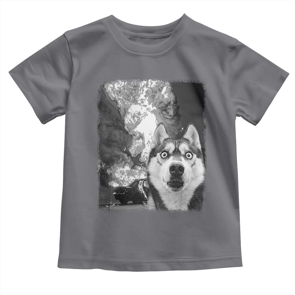 Funny Husky Chaos Toddler T Shirt Cool Dog Selfie With Burning Car TS12 Charcoal Print Your Wear