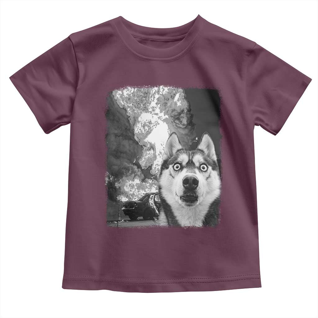 Funny Husky Chaos Toddler T Shirt Cool Dog Selfie With Burning Car TS12 Maroon Print Your Wear