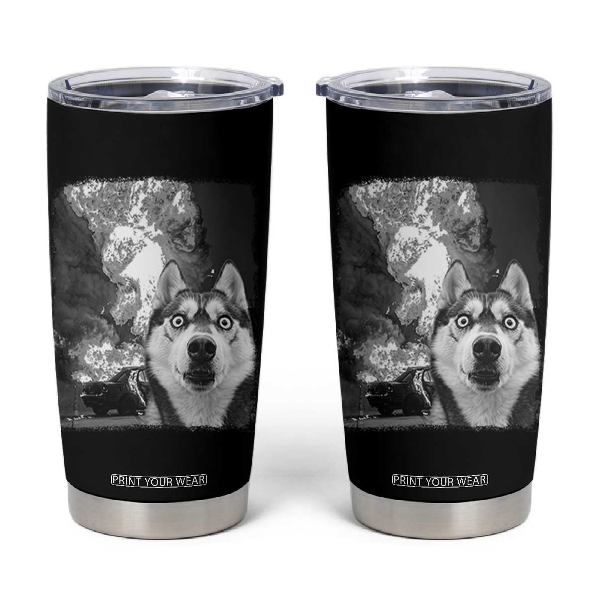 Funny Husky Chaos Tumbler Cup Cool Dog Selfie With Burning Car TS12 Black Print Your Wear