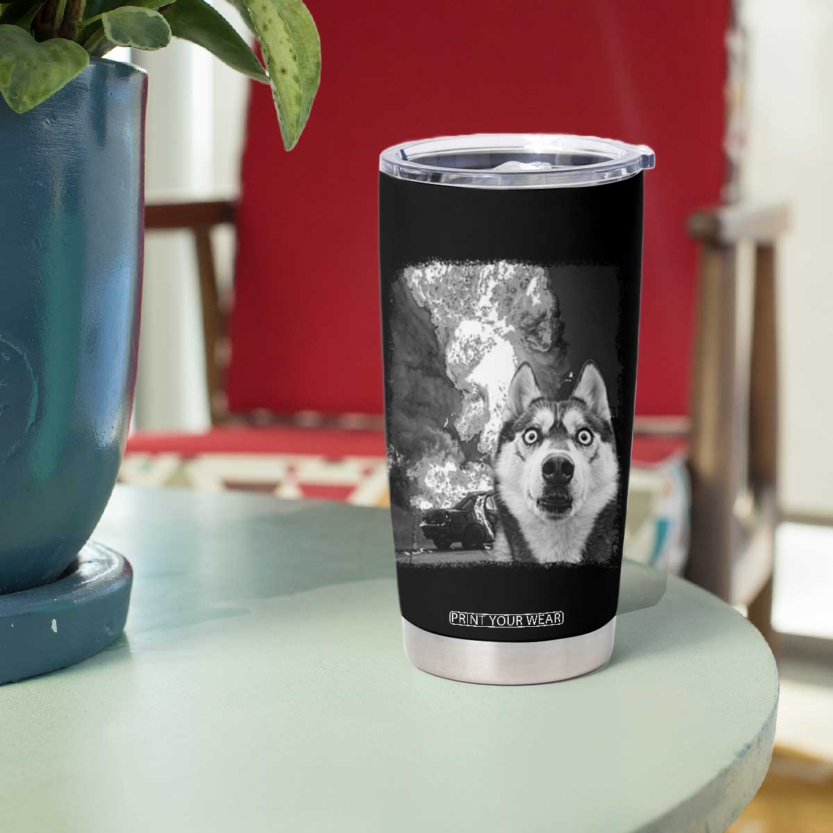 Funny Husky Chaos Tumbler Cup Cool Dog Selfie With Burning Car TS12 Print Your Wear