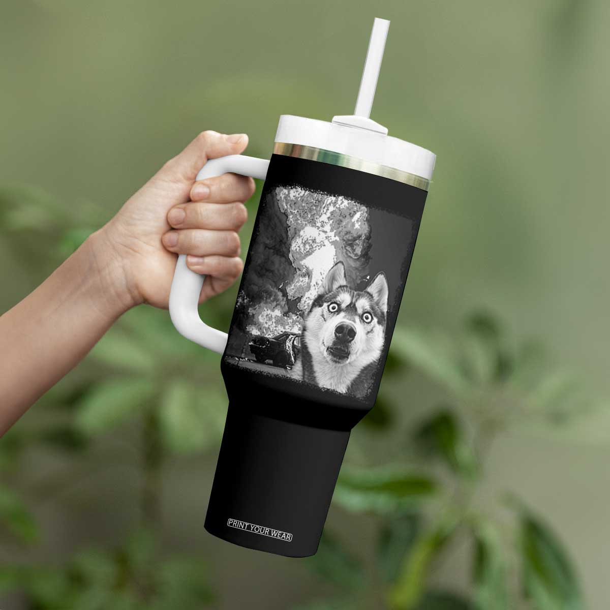 Funny Husky Chaos Tumbler With Handle Cool Dog Selfie With Burning Car TS12 Print Your Wear