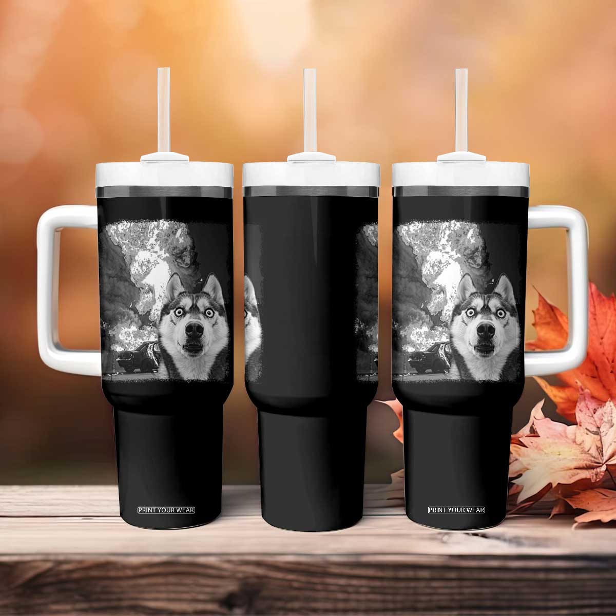 Funny Husky Chaos Tumbler With Handle Cool Dog Selfie With Burning Car TS12 Print Your Wear