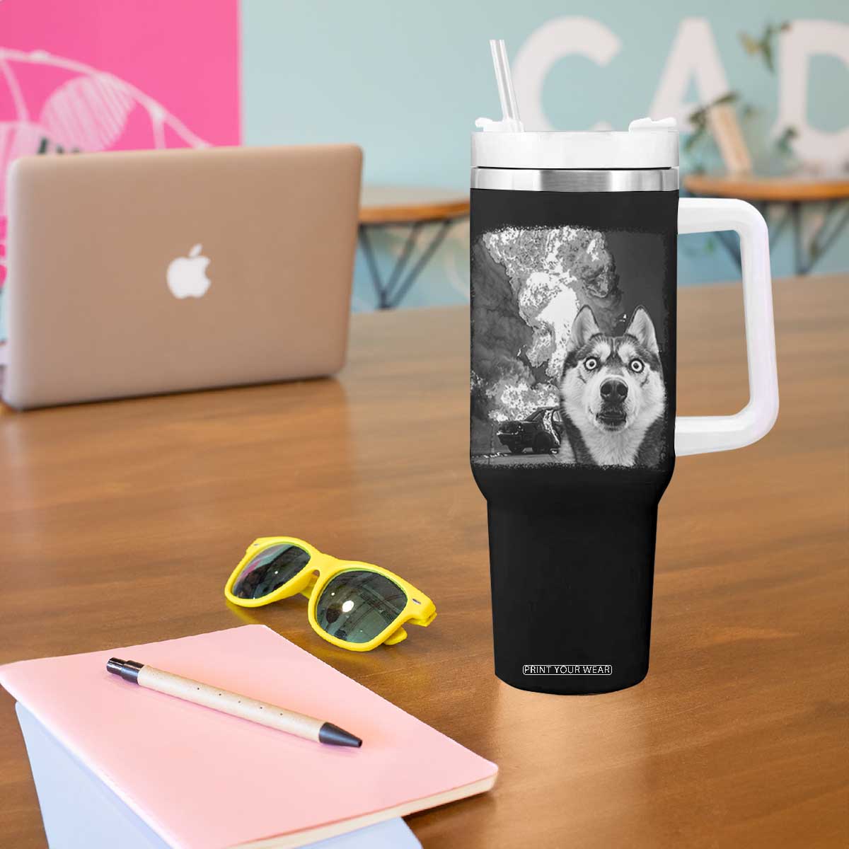 Funny Husky Chaos Tumbler With Handle Cool Dog Selfie With Burning Car TS12 Print Your Wear