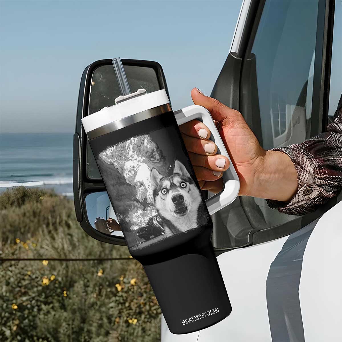 Funny Husky Chaos Tumbler With Handle Cool Dog Selfie With Burning Car TS12 Print Your Wear